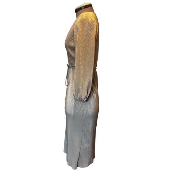 Ann Taylor | NWT | Metallic Pleated Faux Wrap Dress | XSP Petite - Picture 9 of 11